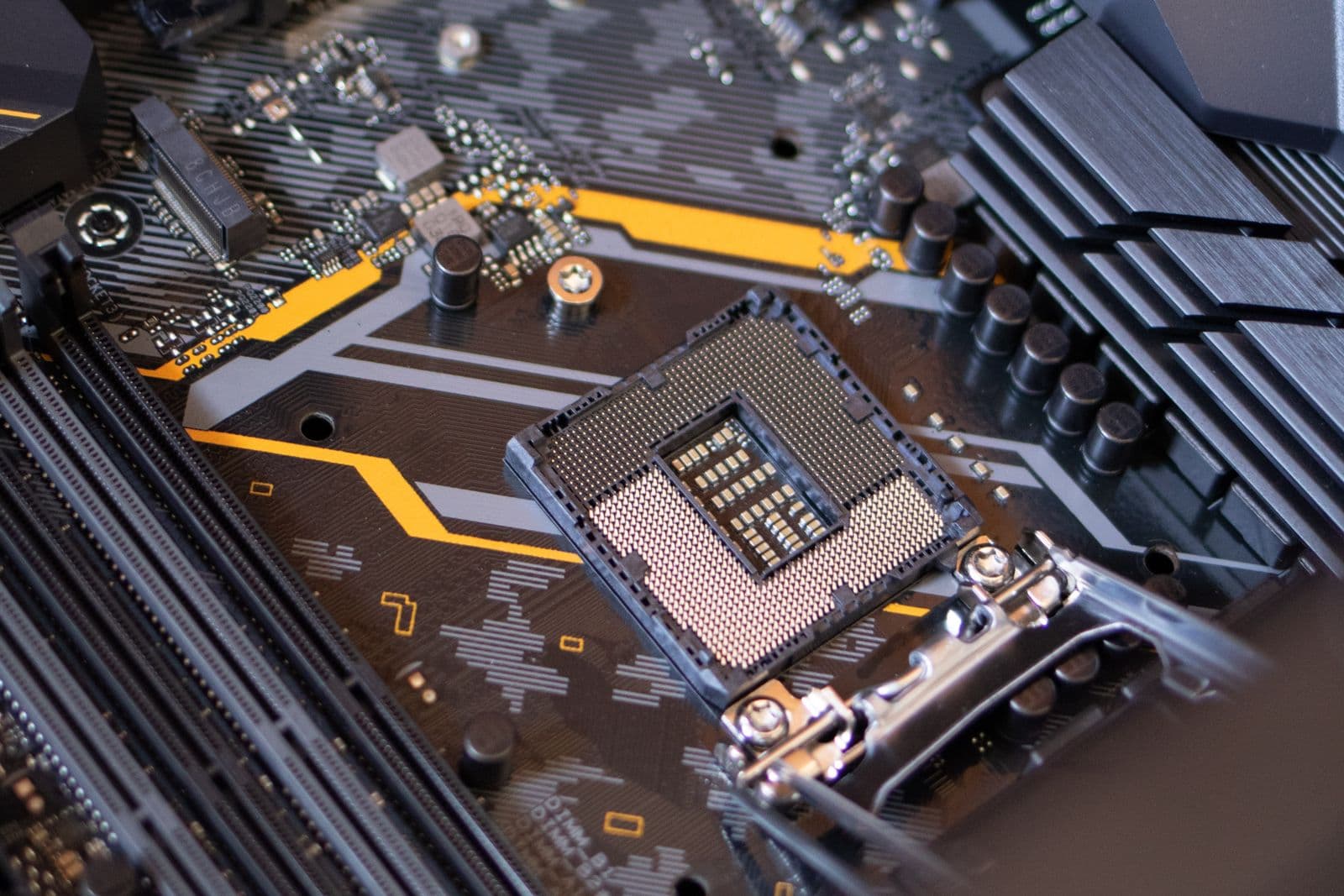 A close view of a circuit board and electronic components.